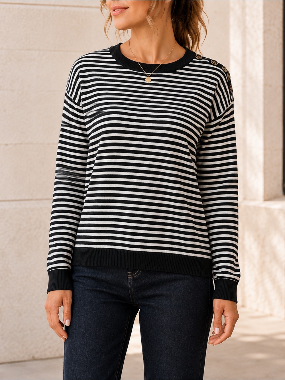 Anne Klein Sport Black White Stripe Sweater Medium Button Shoulder Nautical